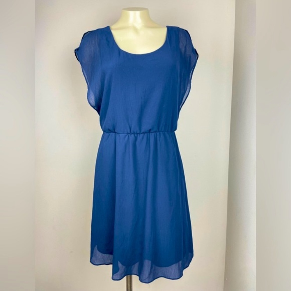 Outback Red Navy Blue Chiffon Dress with Slit Sleeves & Peekaboo Button Back